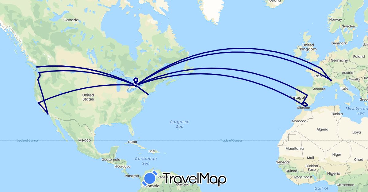 TravelMap itinerary: driving in Canada, Spain, France, Italy, United States (Europe, North America)